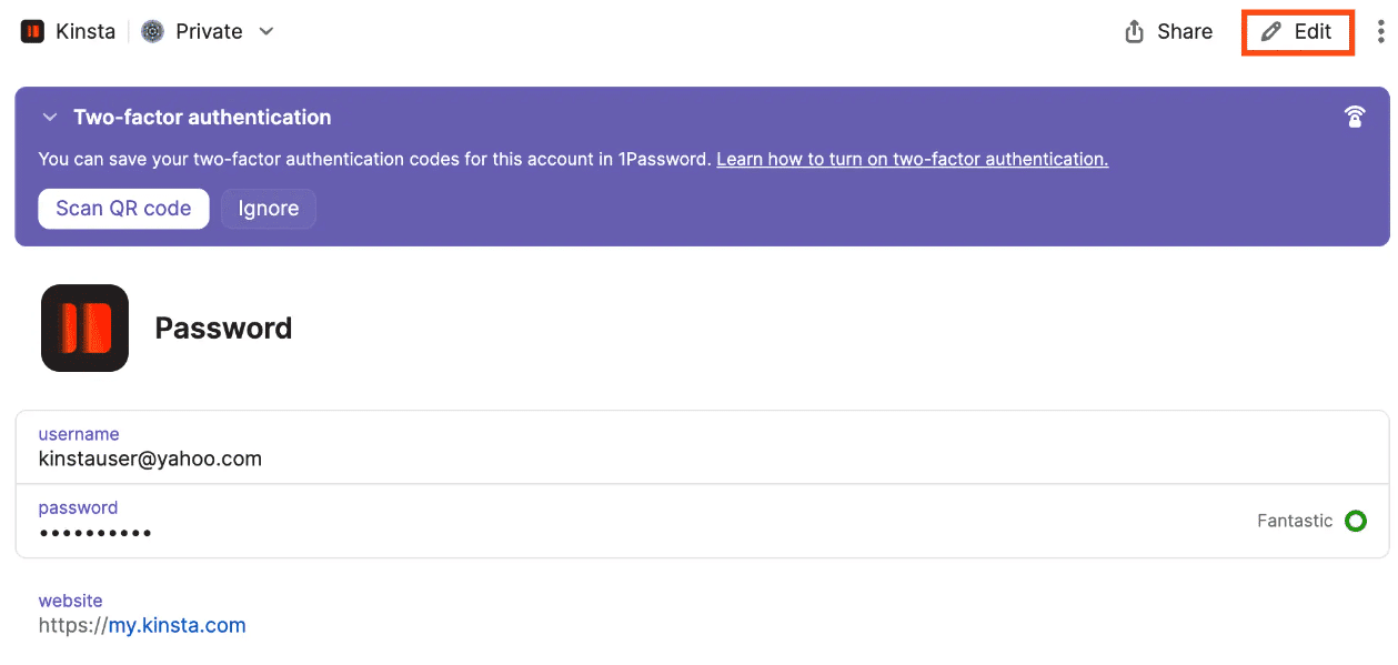 1PasswordでMyKinstaログインプロファイルを検索して編集