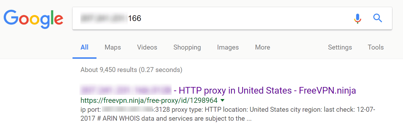 Une adresse IP proxy dans les résultats de recherche Google.
