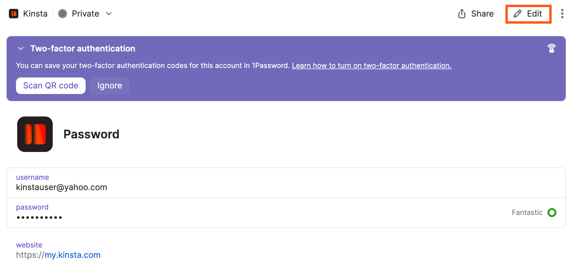 Busca y edita tu perfil de inicio de sesión de MyKinsta en 1Password.