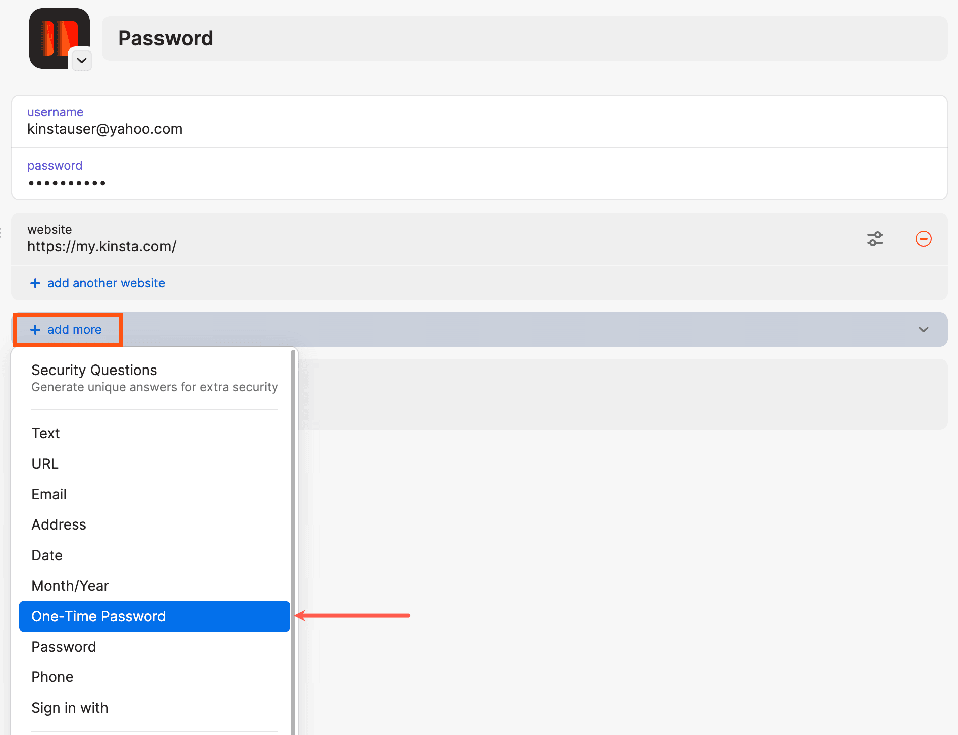 Añade una contraseña de un solo uso en 1Password.