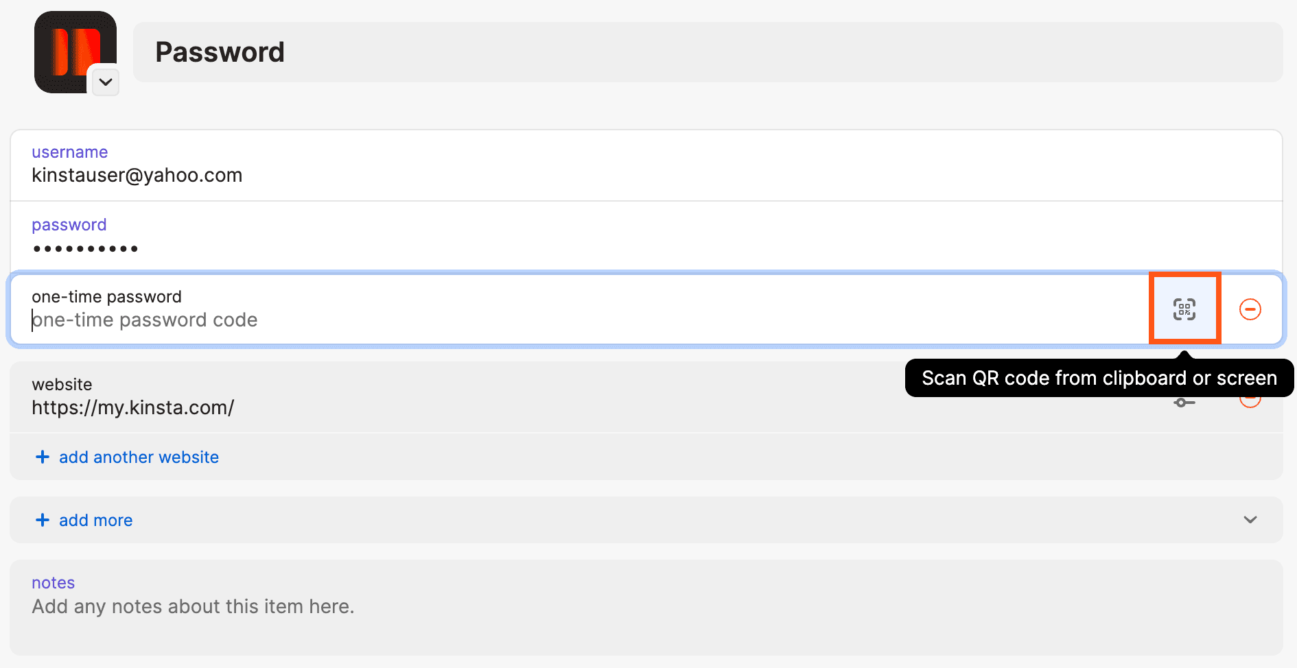 Haz clic en el icono del código QR para activar el escáner de códigos QR en 1Password.
