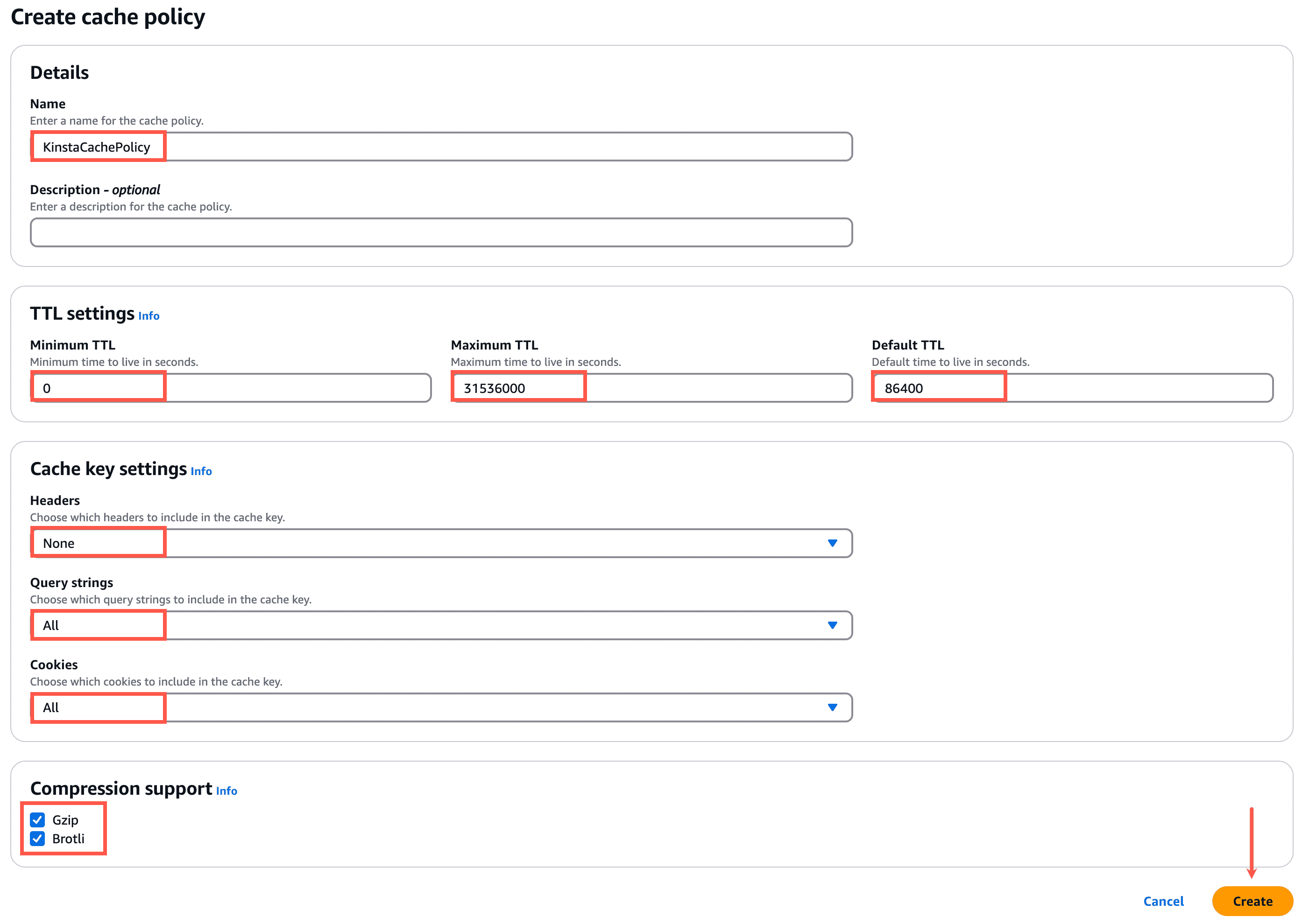 Aanbevolen instellingen voor het cachebeleid in CloudFront.