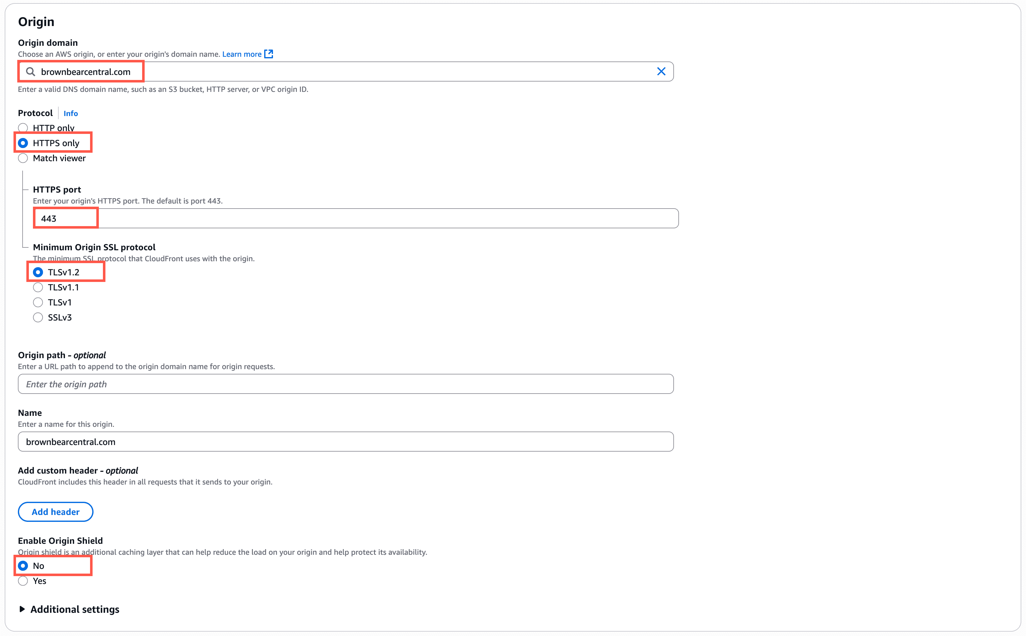 Aanbevolen Origin-instellingen voor CloudFront-distributie.
