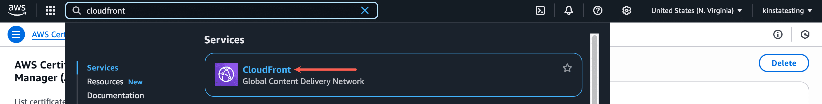 CloudFront onder Services in AWS.