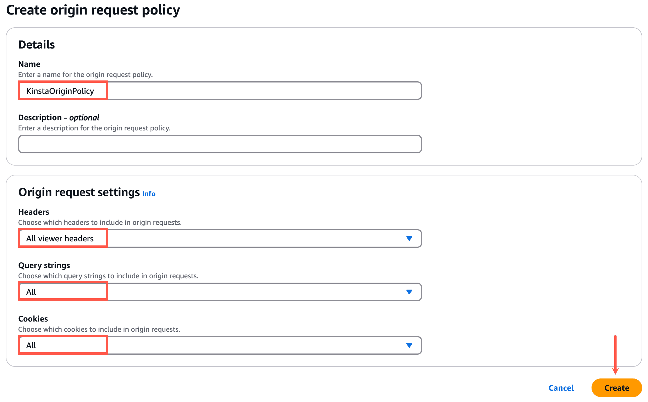CloudFront Origin request policy instellingen.
