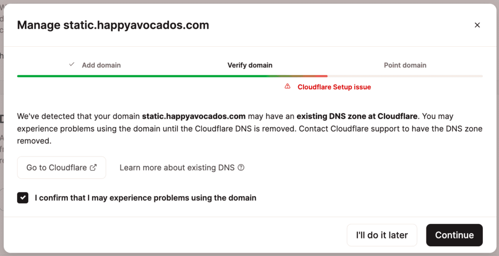 Avertissement concernant un enregistrement DNS existant chez Cloudflare.