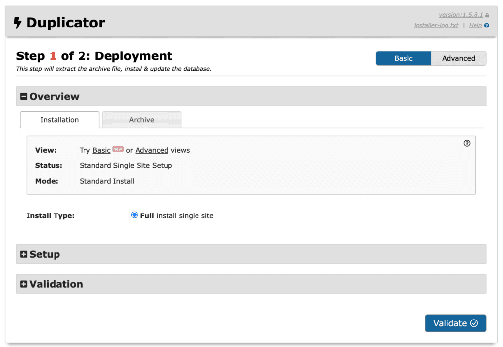 Duplicator deployment na het openen van de installer.php link.