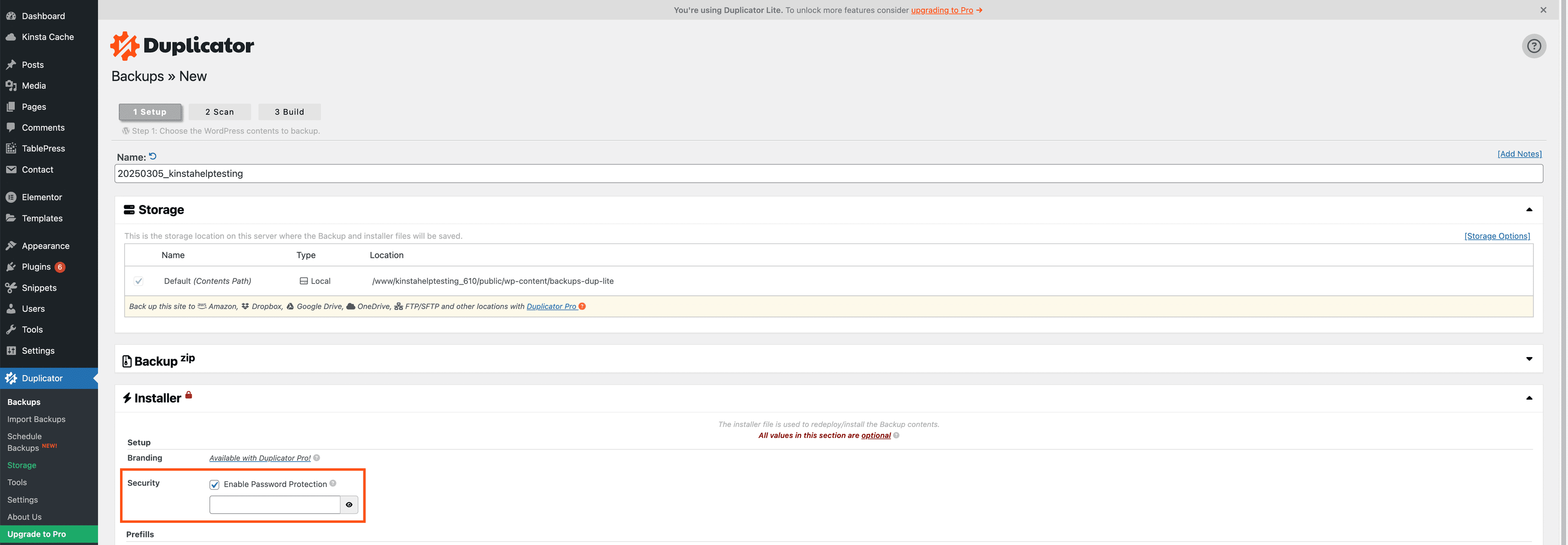 Duplicator wachtwoordbeveiliging inschakelen.