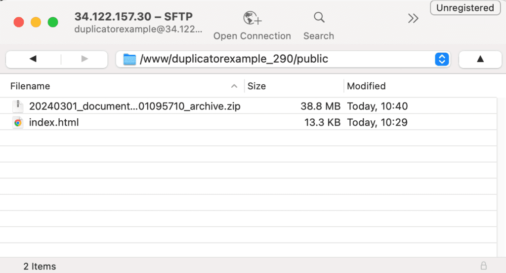 Upload het archief en de installerbestanden naar de server (via SFTP)