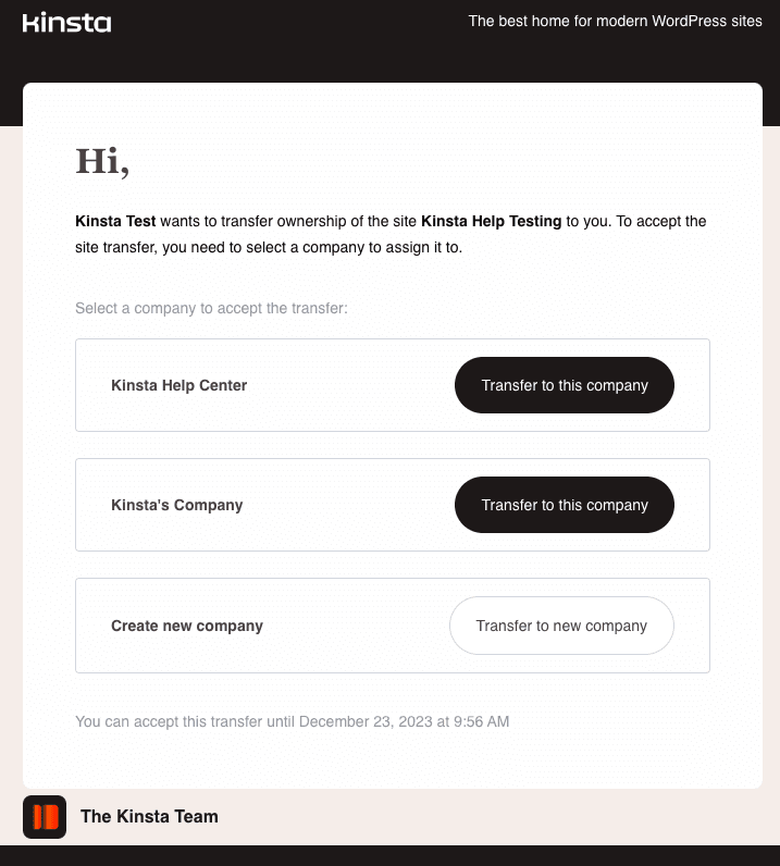 Site transfer email showing multiple companies.