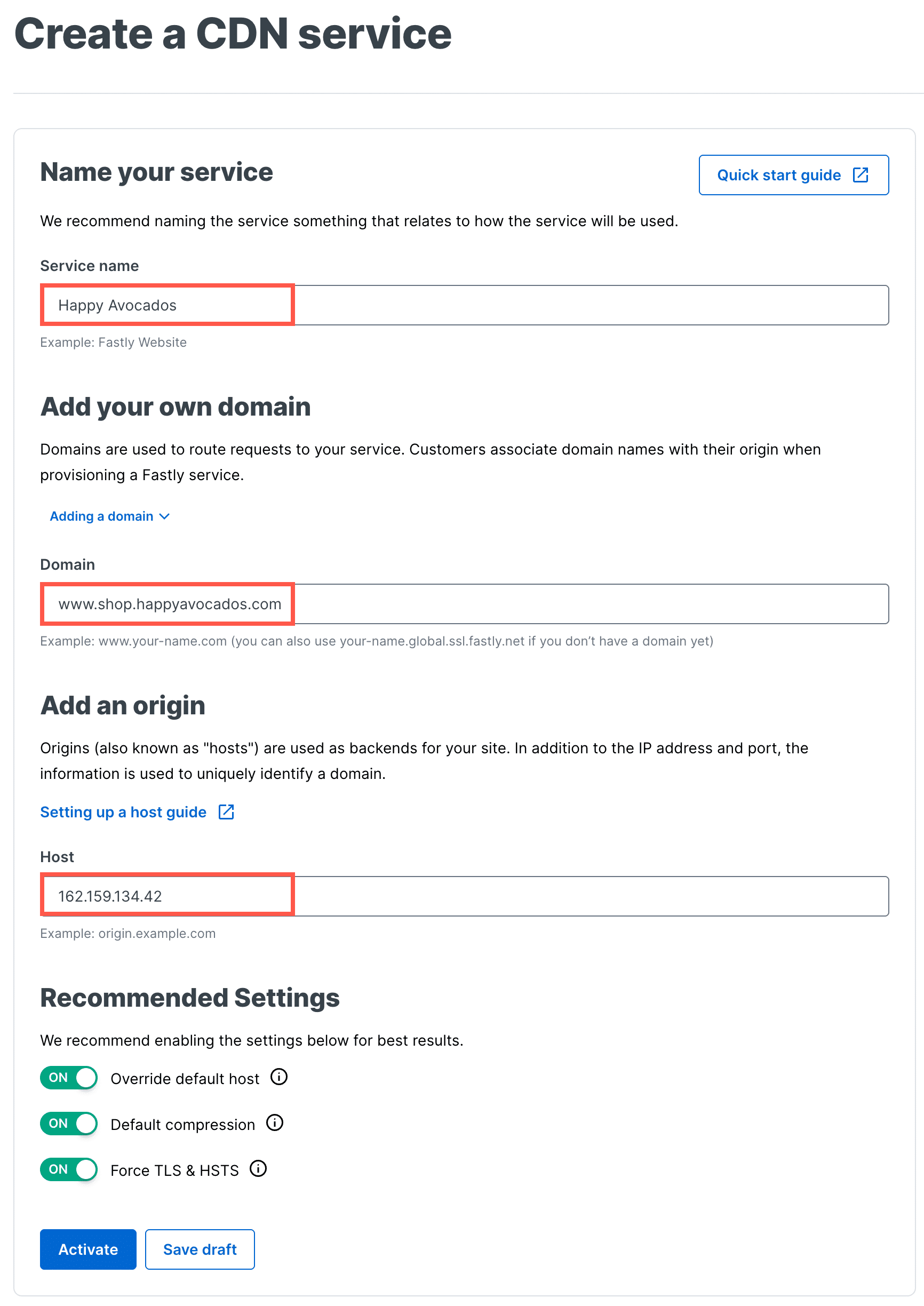 Adicionar informações do seu site ao serviço Fastly CDN.