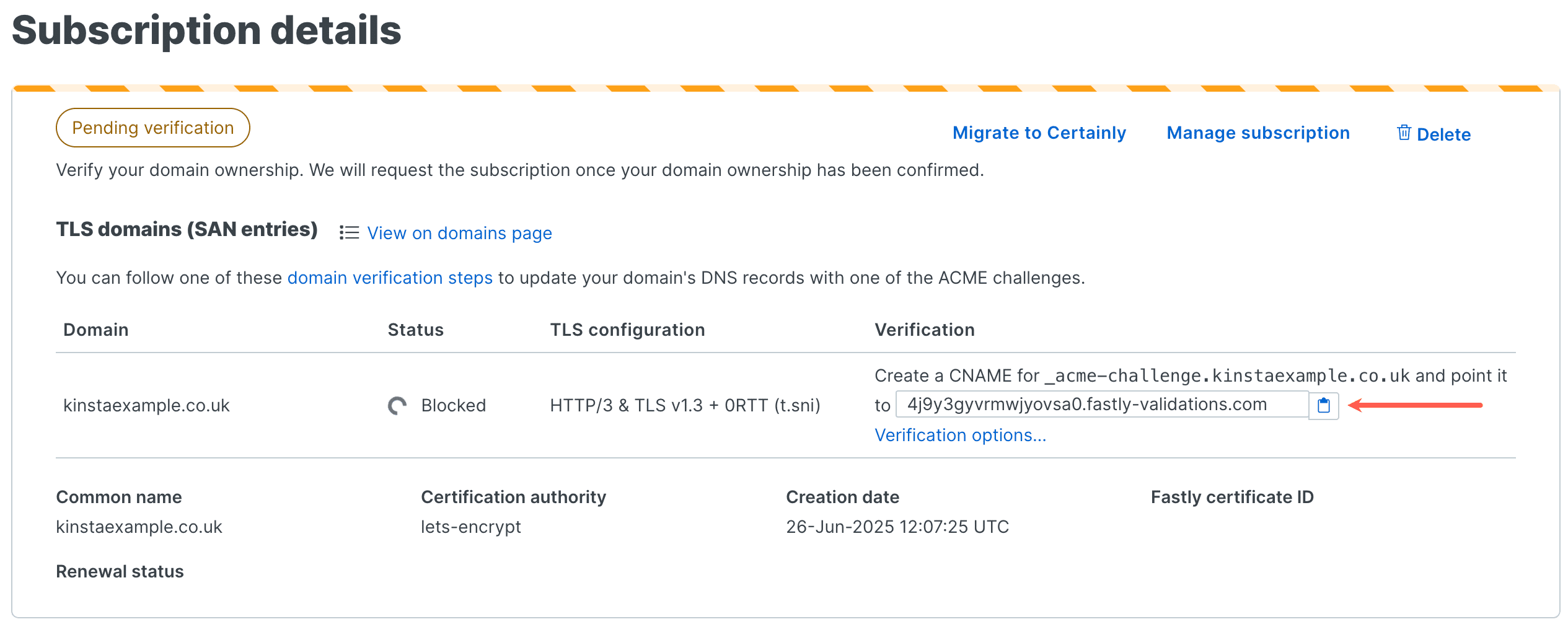 Detalhes do registro CNAME para verificar seu domínio.