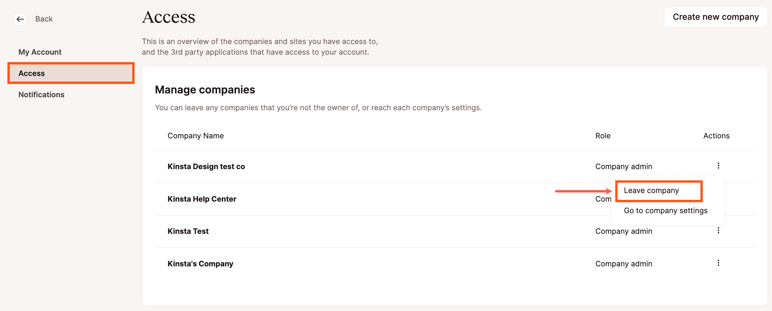 Sair de uma empresa nas Configurações do usuário do MyKinsta.