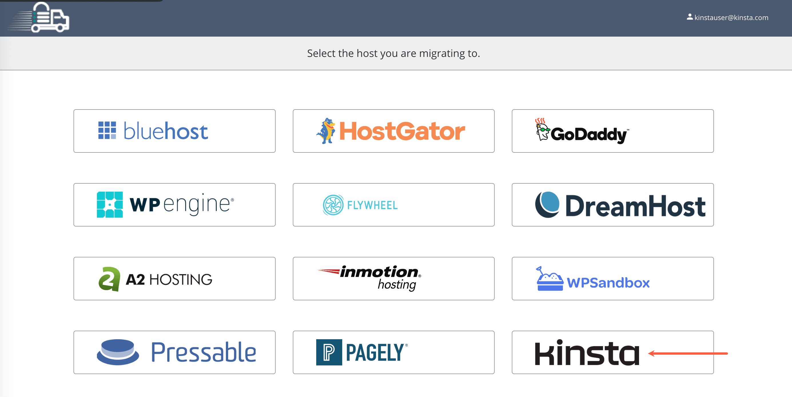Selecteer Kinsta als host waarnaar je migreert.