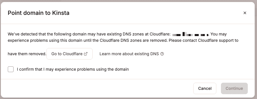 Avertissement concernant un enregistrement DNS existant chez Cloudflare.