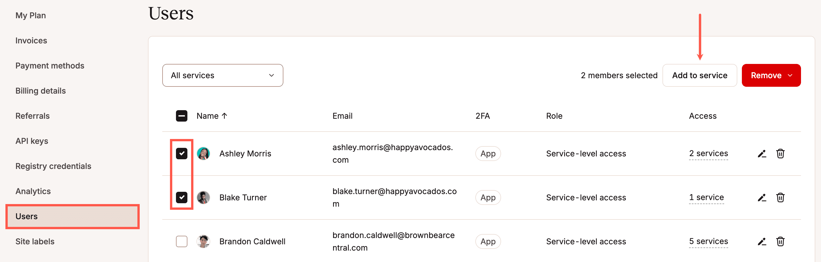 Adicione vários usuários a um serviço no MyKinsta.