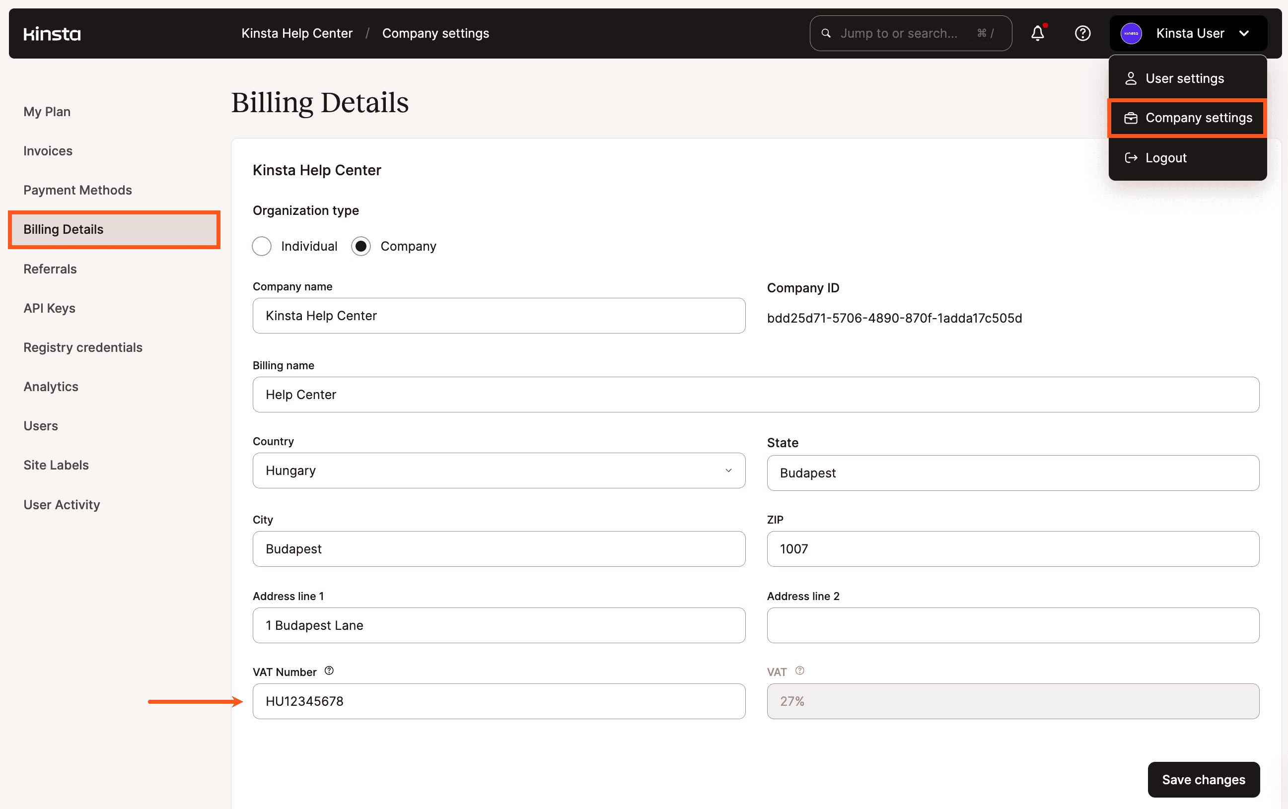 Introduce tu Número de IVA en MyKinsta.