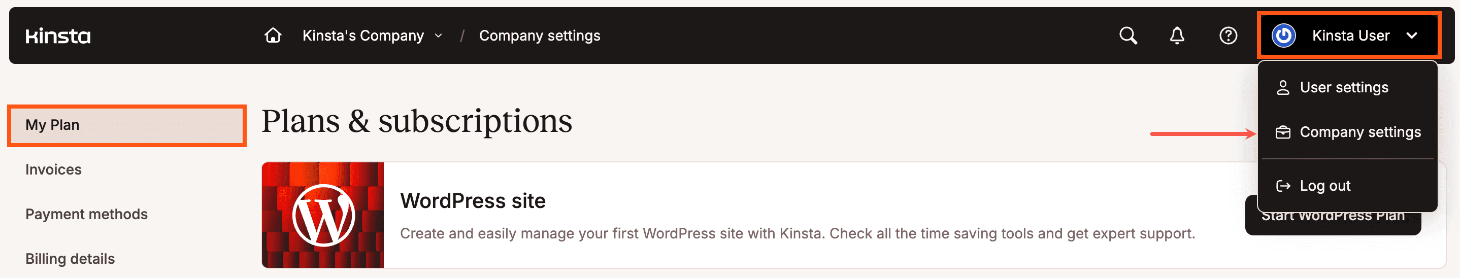 Gehe auf die Seite Pläne & Abonnements in MyKinsta