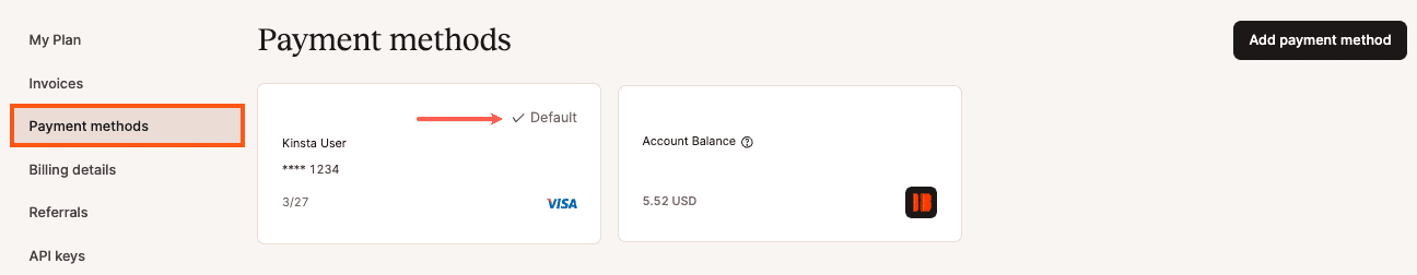 Una nuova carta di credito aggiunta in MyKinsta.