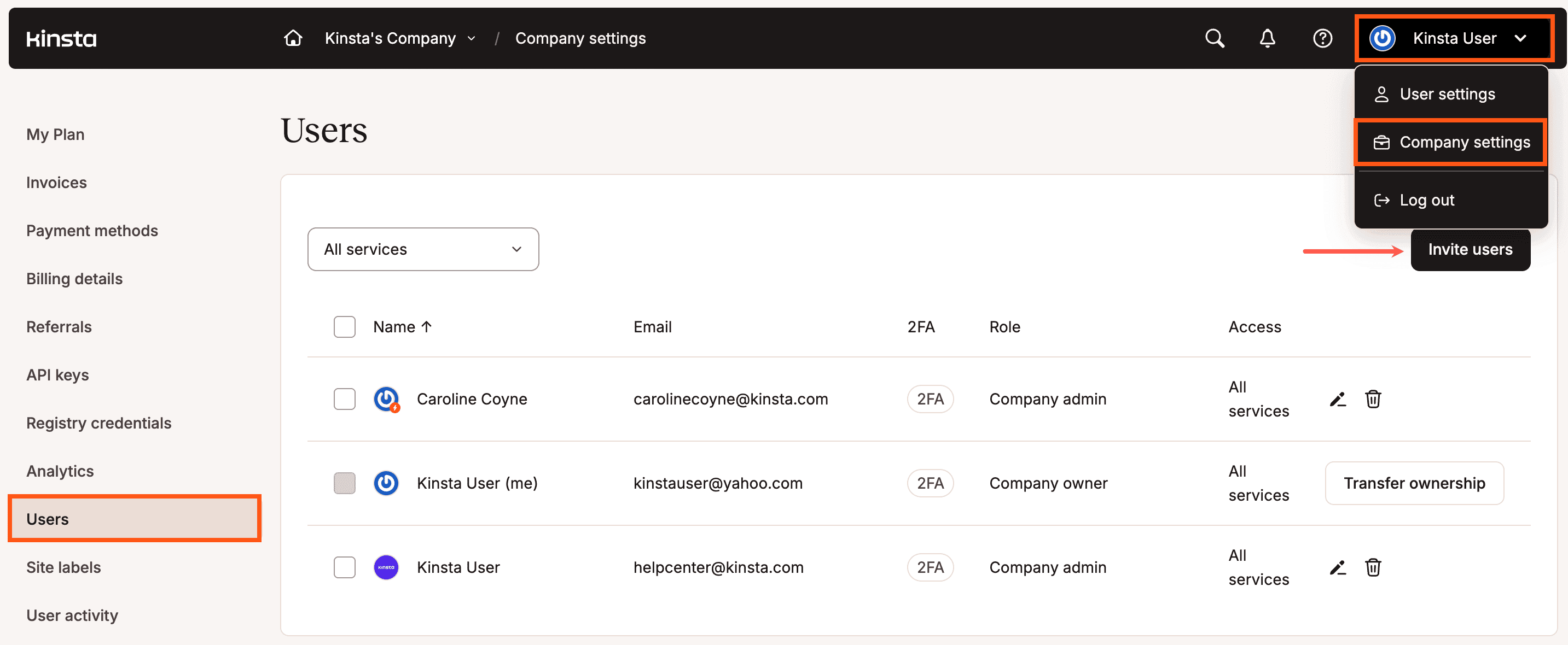 Lade Nutzer/innen zu deinem Unternehmen oder deiner Website in MyKinsta ein