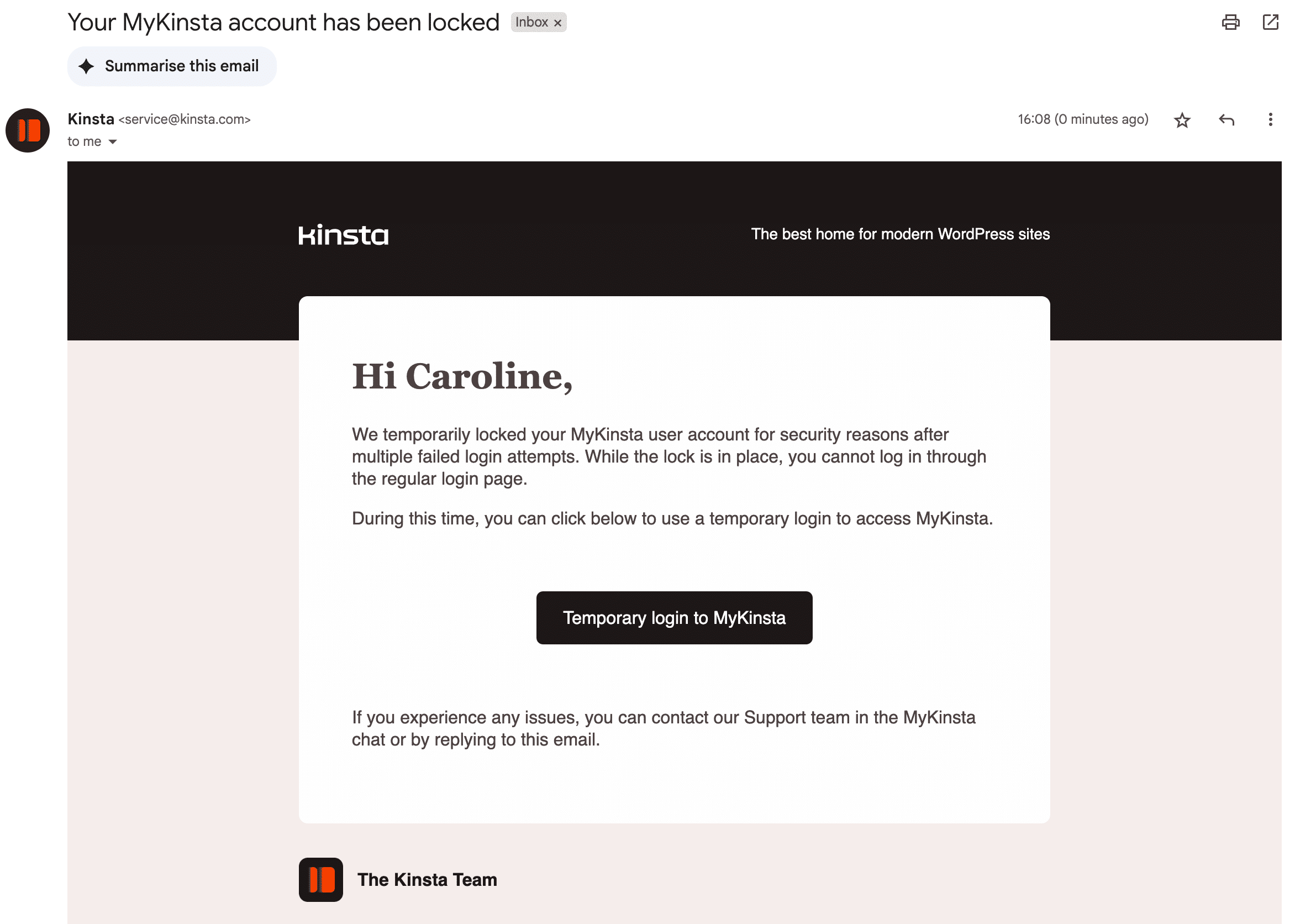 Notificación por correo electrónico cuando se bloquee tu cuenta de MyKinsta.