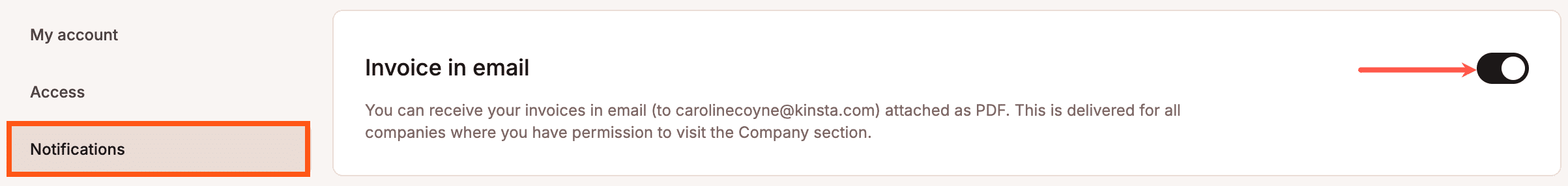 Abilitazione delle e-mail di fatturazione automatica in MyKinsta.