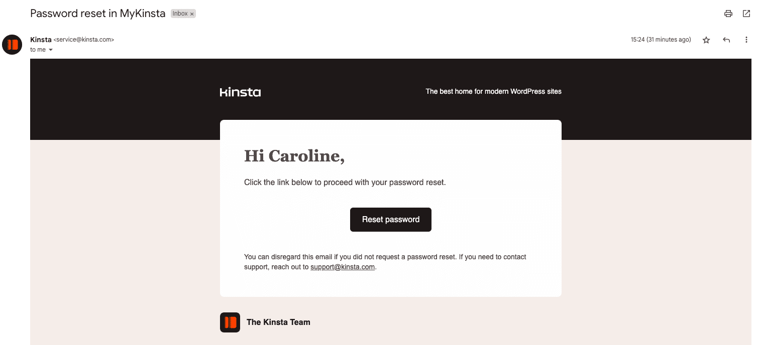 Correo electrónico de restablecimiento de contraseña de service@kinqsta.com