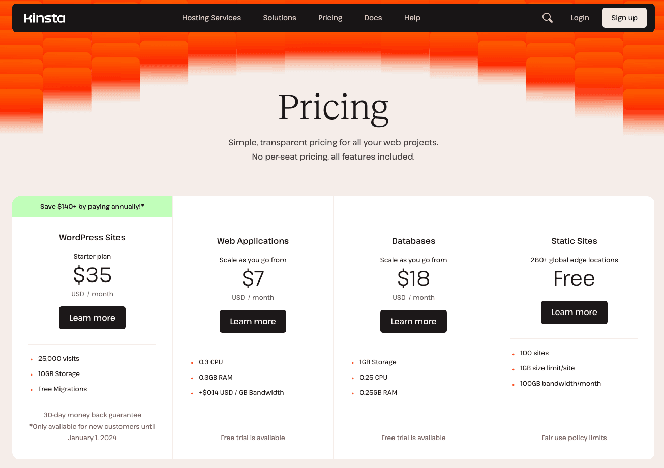 Kinsta Managed WordPress Hosting Pricing page.