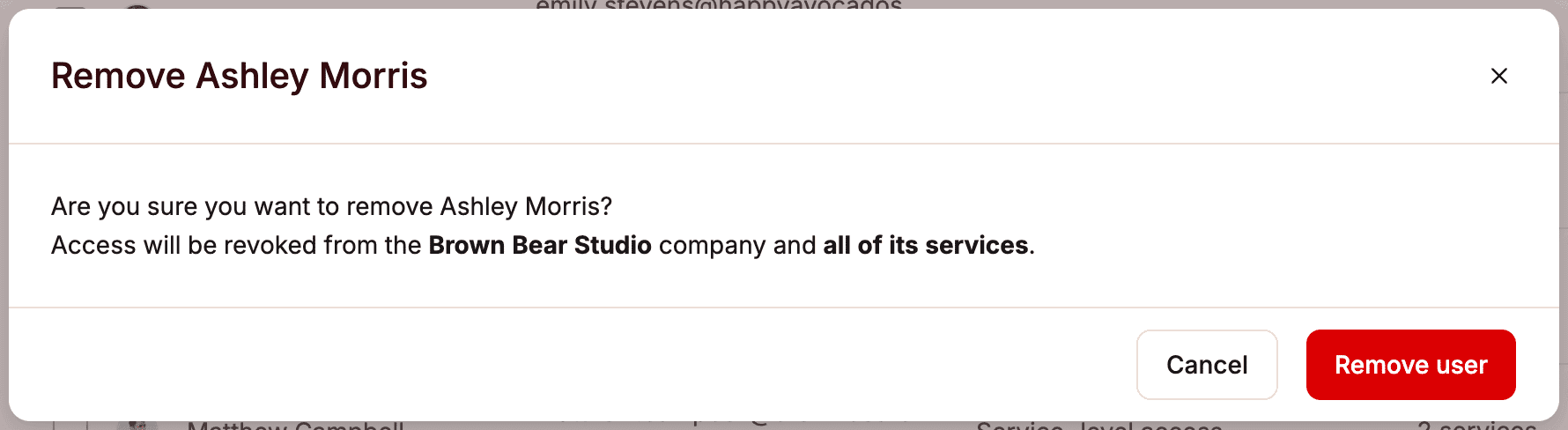 Confirme a remoção de um usuário de uma empresa no MyKinsta.