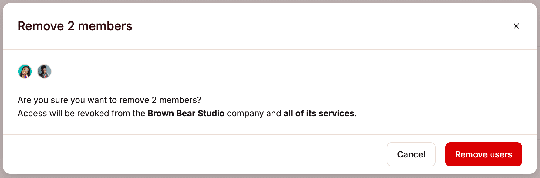 Confirme a remoção de vários usuários de uma empresa no MyKinsta.