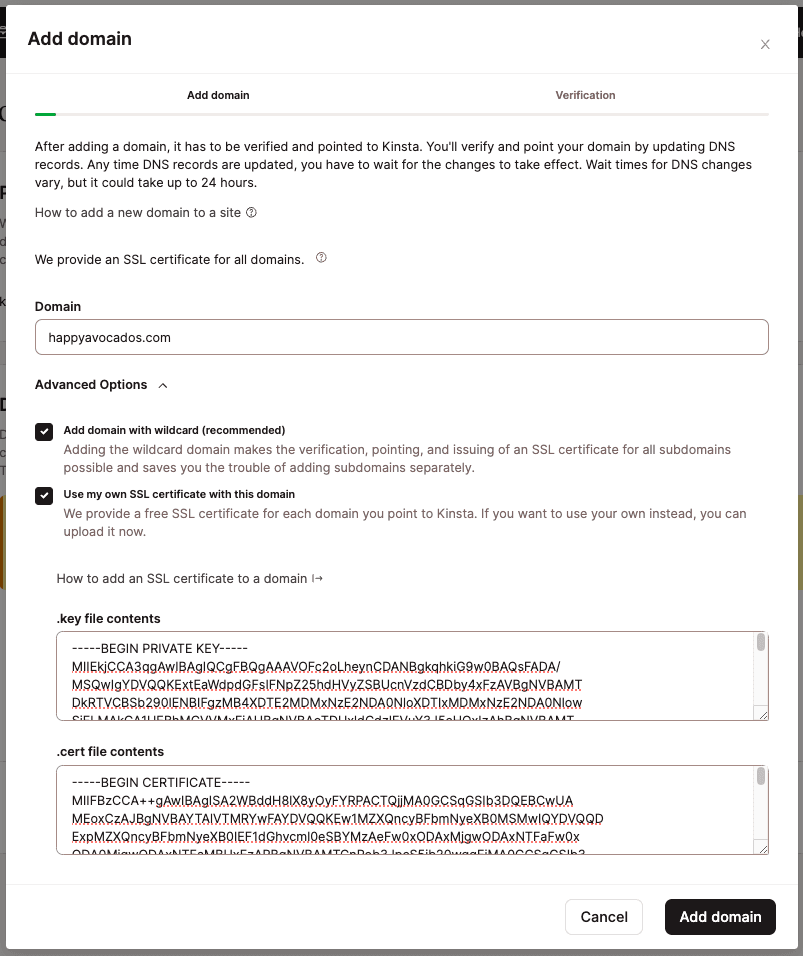 Ajouter votre domaine personnalisé et votre certificat SSL personnalisé dans MyKinsta.