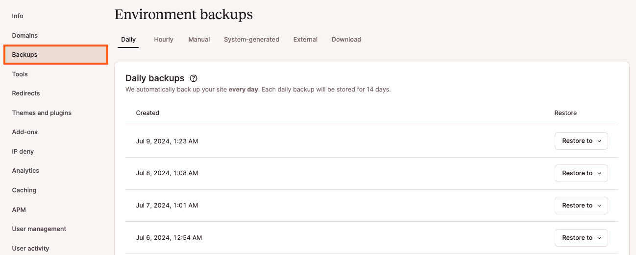 Backups i MyKinsta.