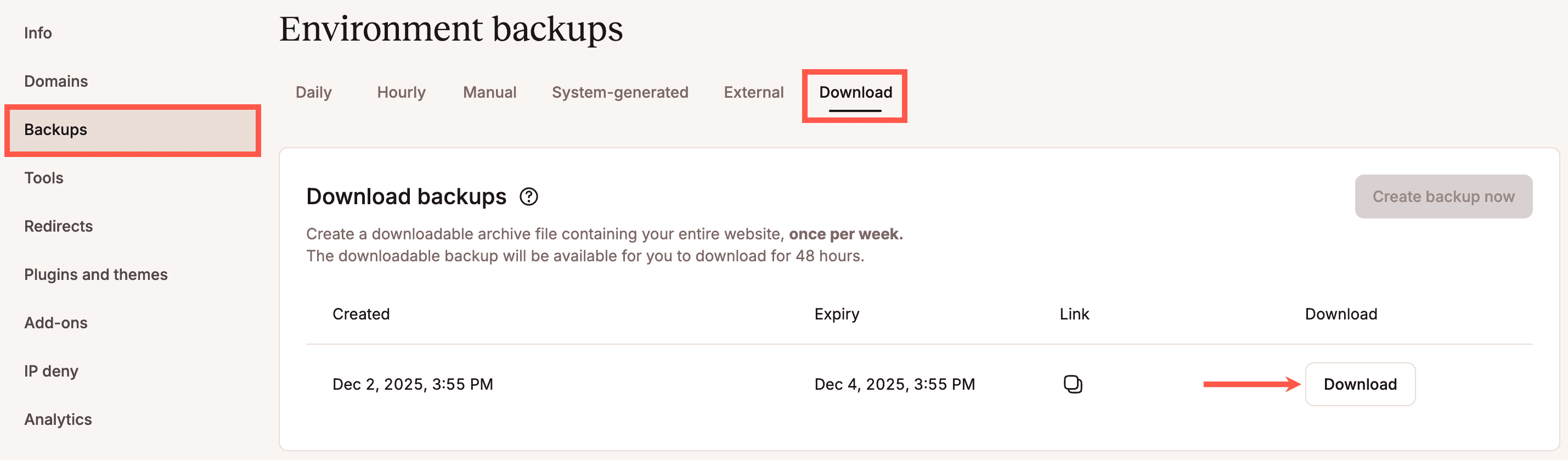Lade dein WordPress-Backup in MyKinsta herunter