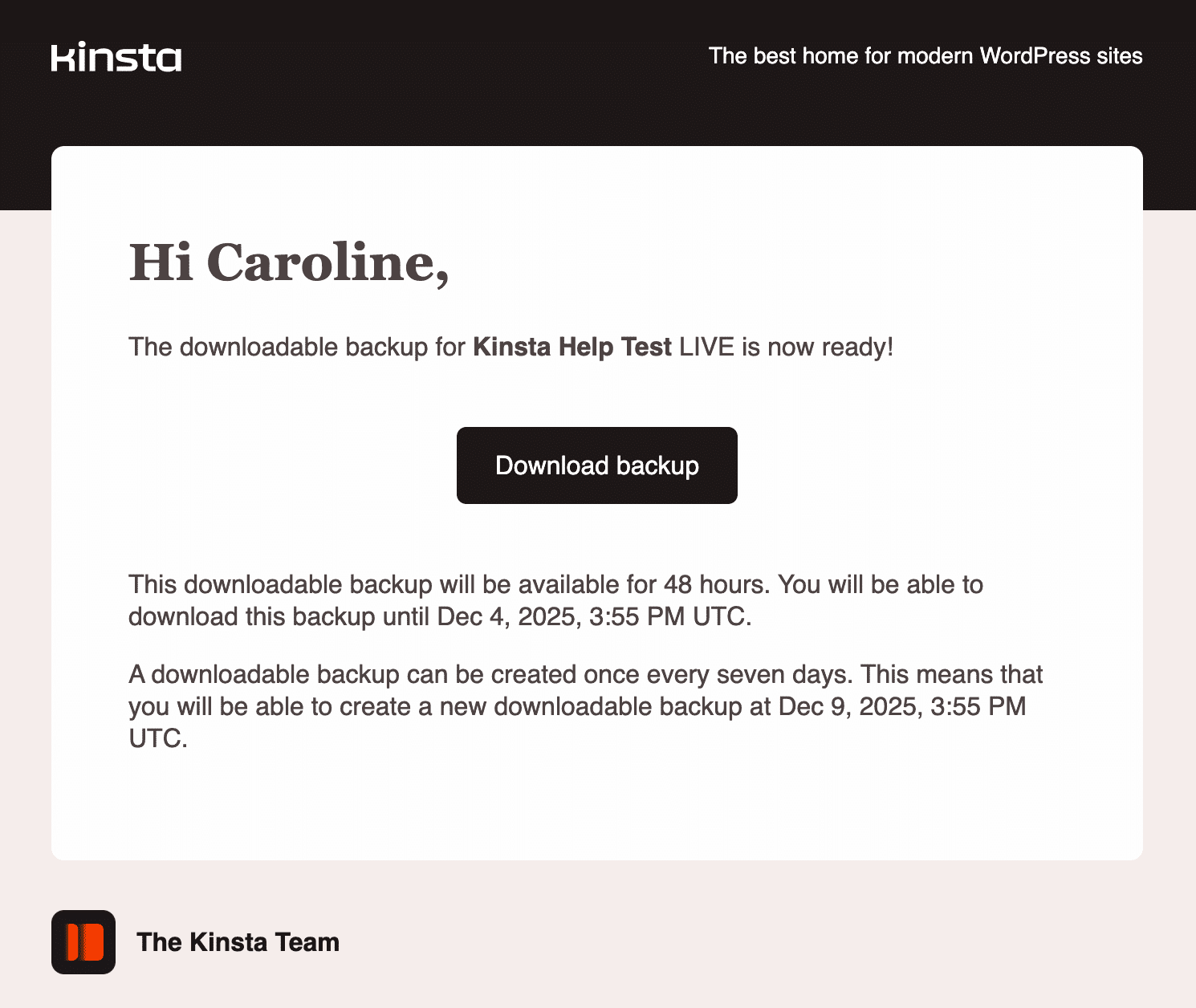 Benachrichtigung über das herunterladbare Backup per E-Mail