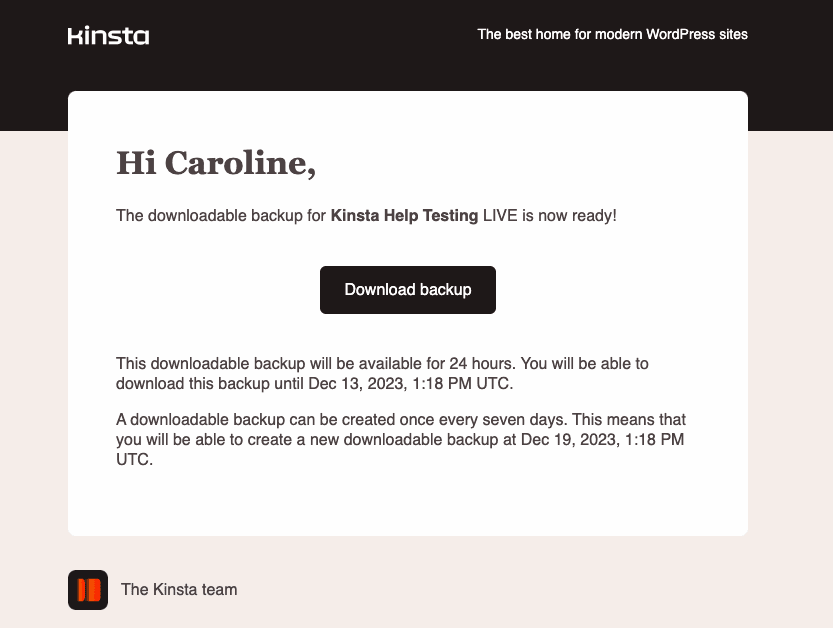 E-mail med backup-meddelelse, der kan downloades.