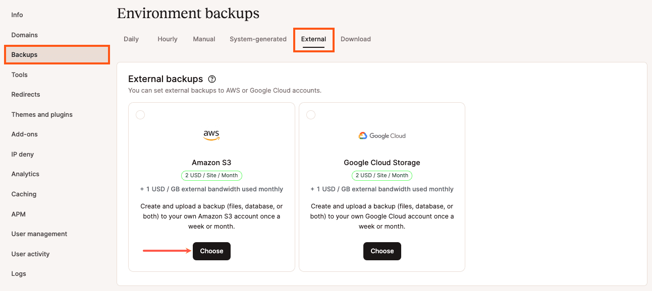 Wähle die Option Amazon S3 für externe Backups