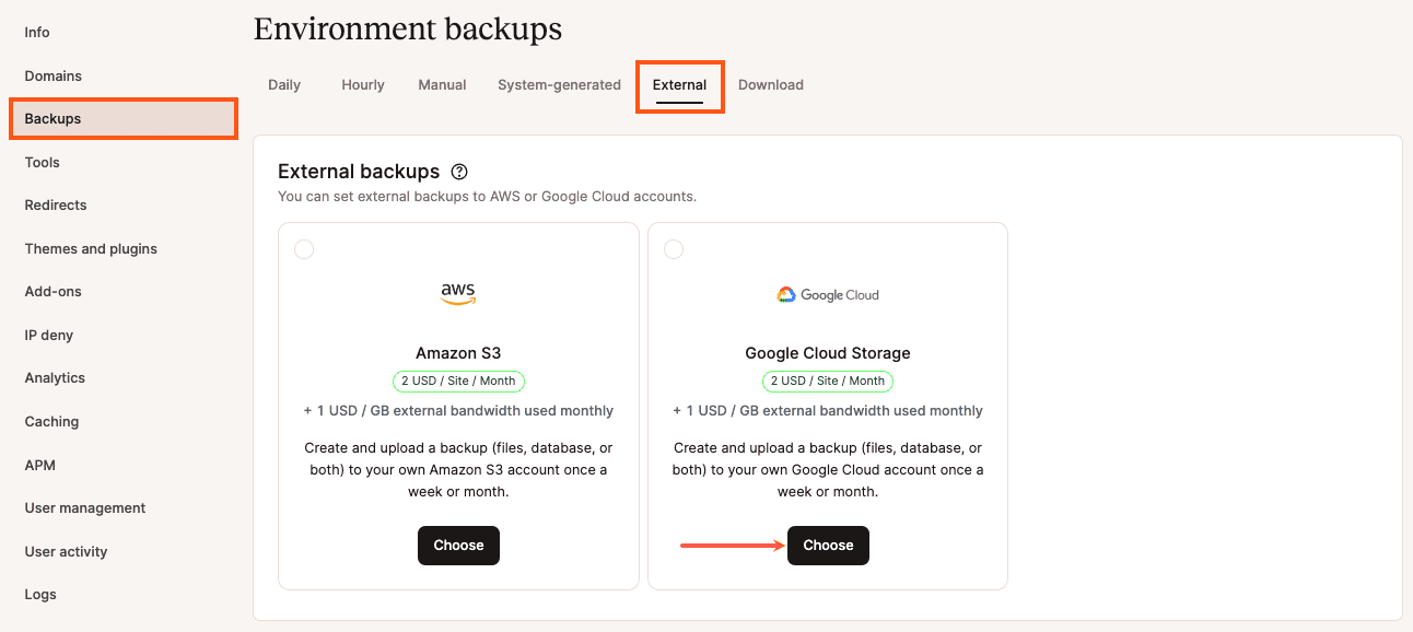 Wähle die Option Google Cloud Storage für externe Backups