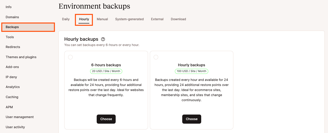 Stündliche Backup-Option in MyKinsta