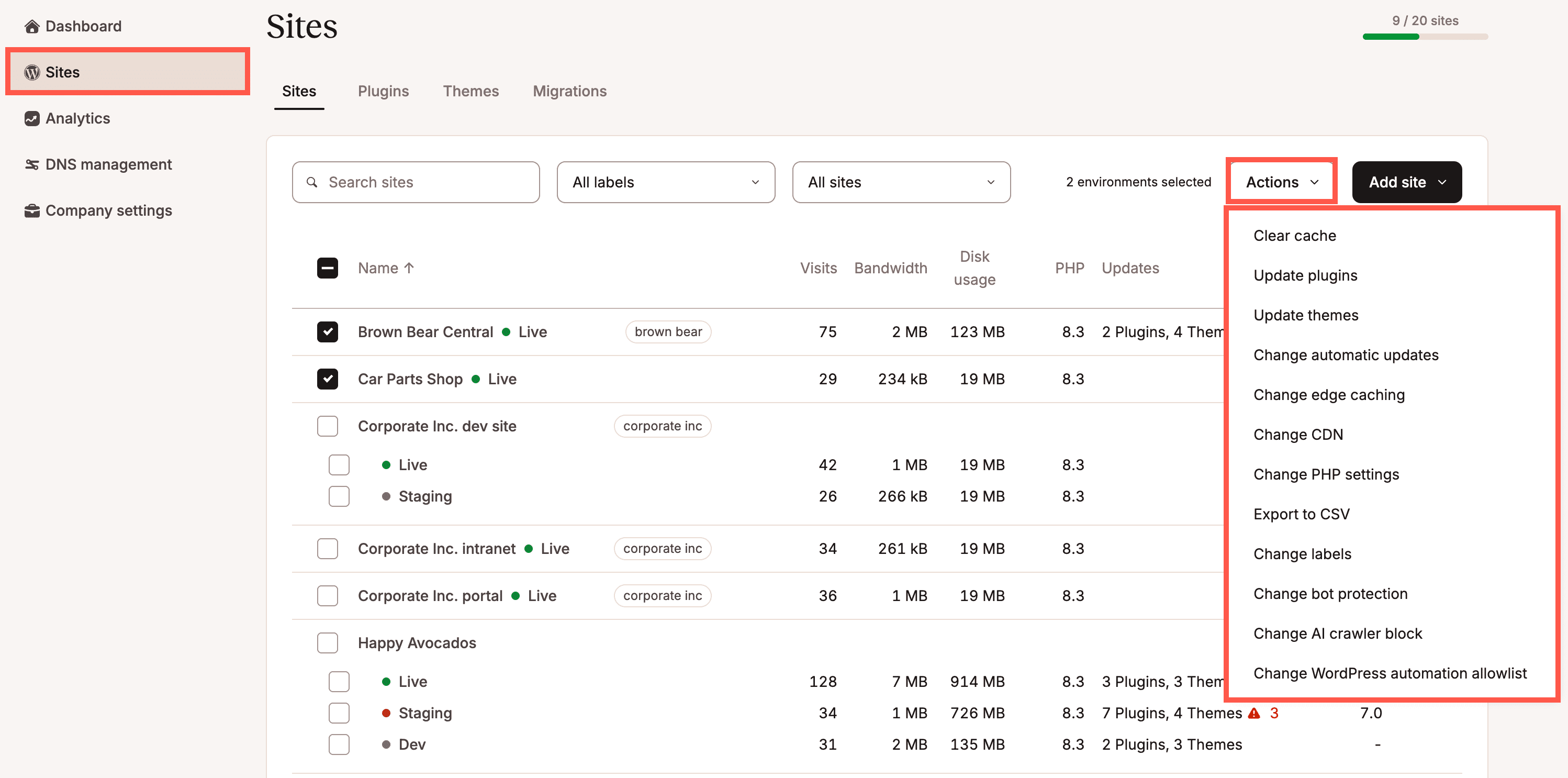 Perform bulk actions for your WordPress environments from Sites.