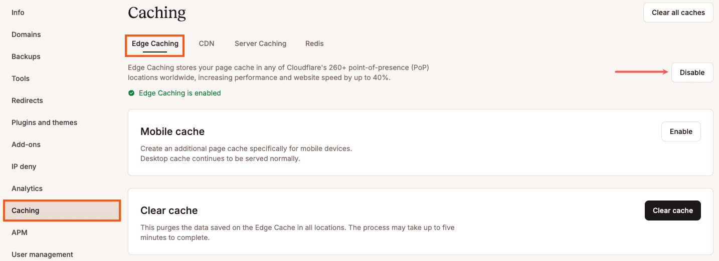 Deaktiviere Edge-Caching.