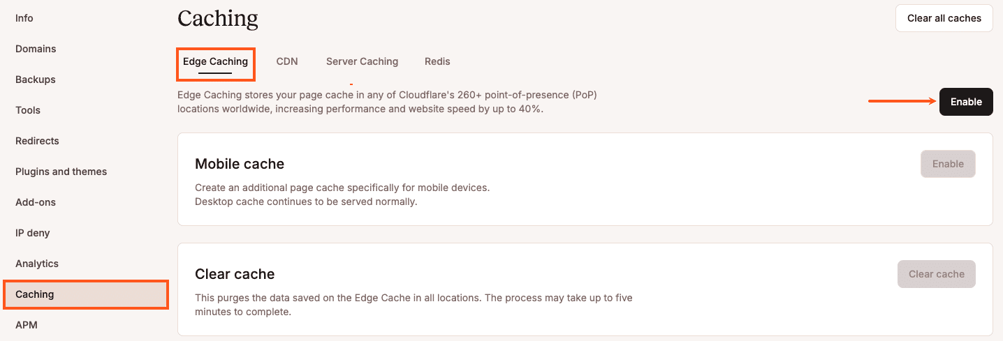 Aktiviere Edge Caching in MyKinsta.