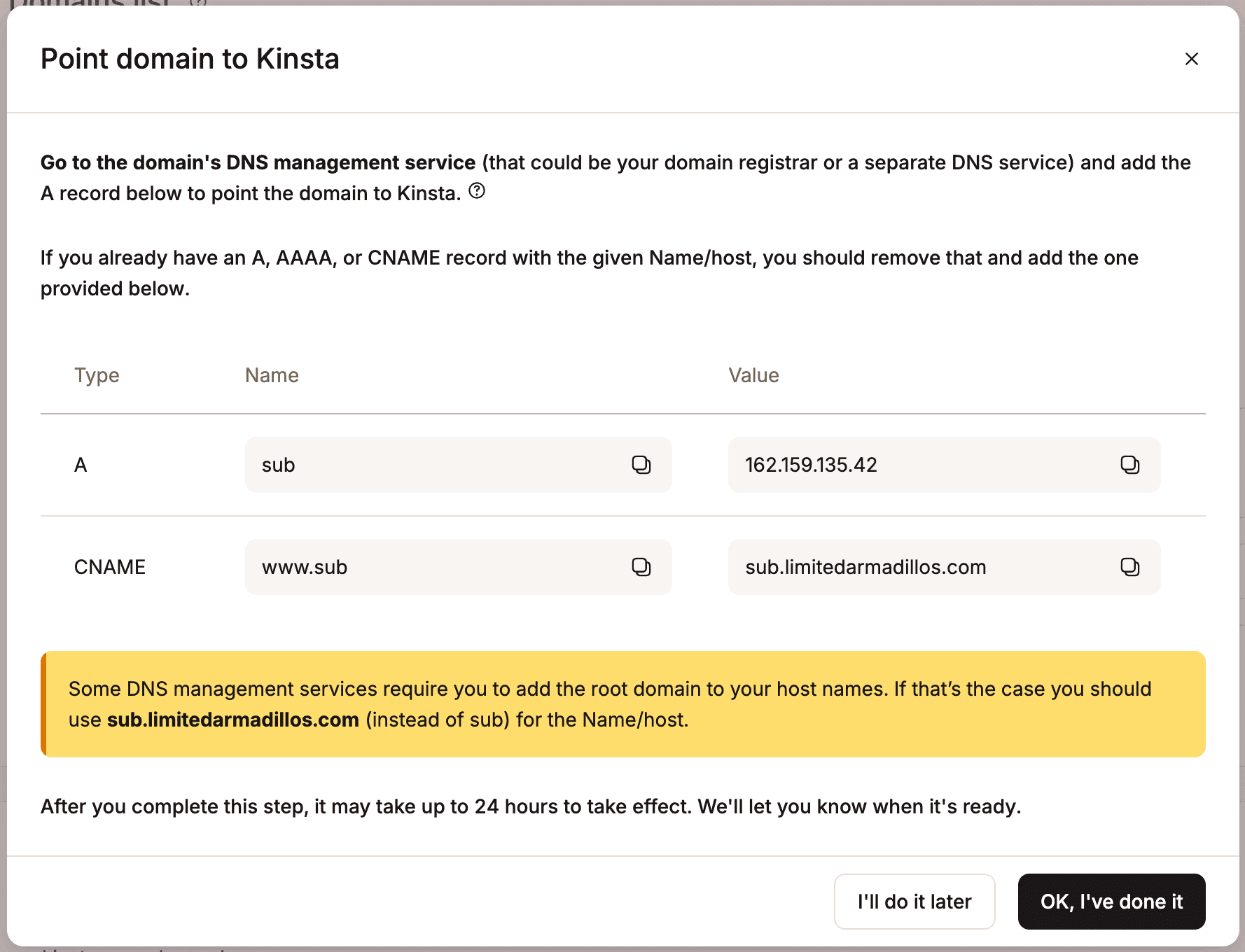 Adresse IP du site vers laquelle pointer votre sous-domaine dans MyKinsta.