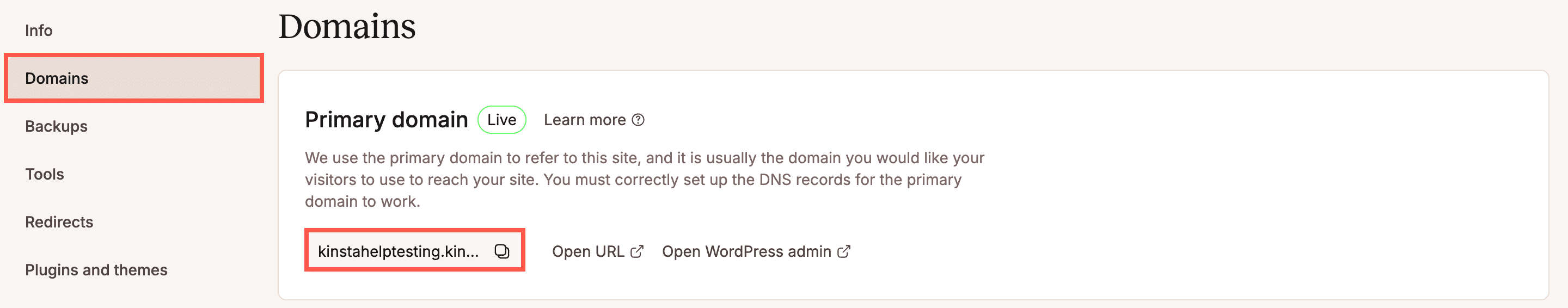 URL temporaire de Kinsta.