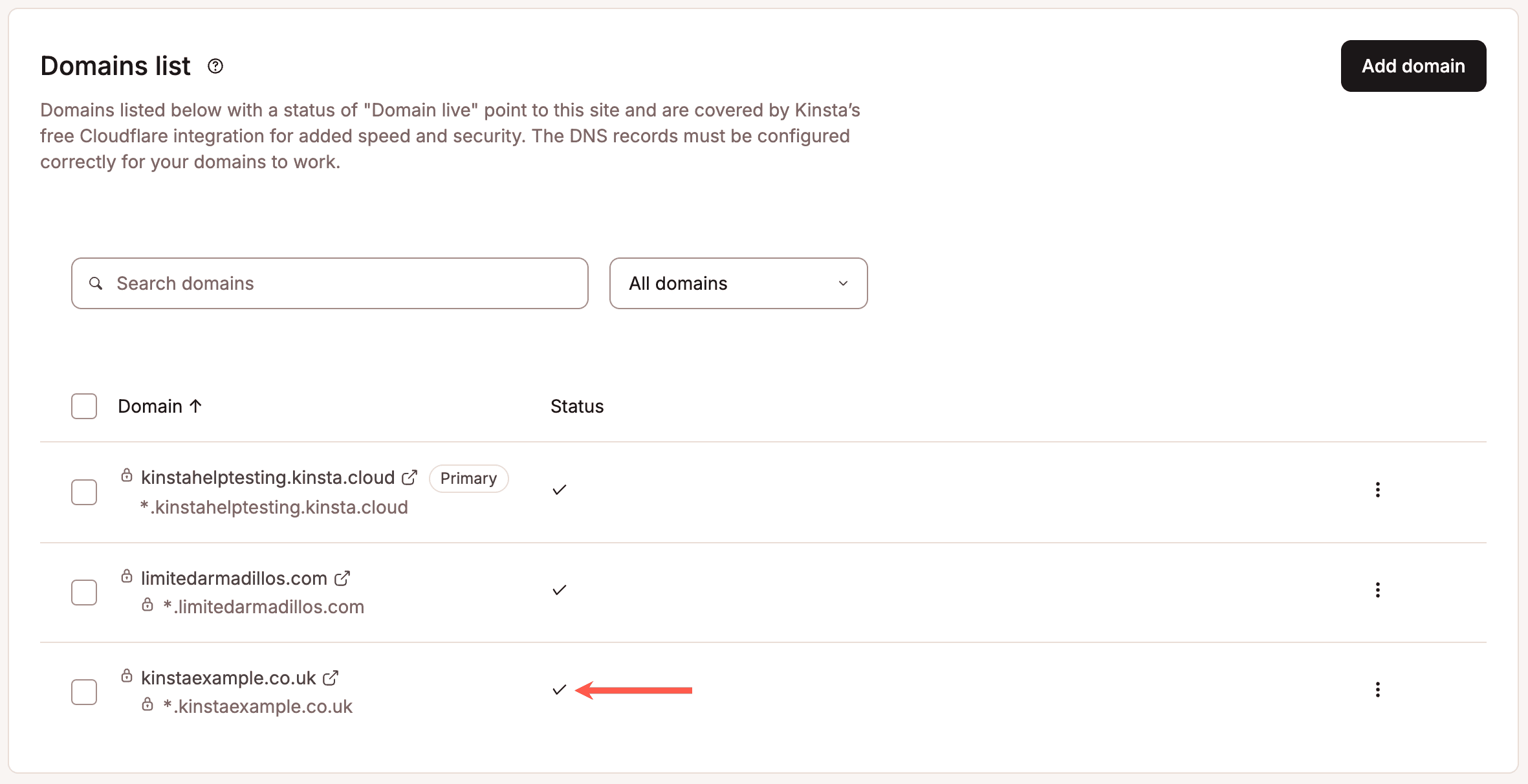 Une coche à côté de votre domaine racine dans MyKinsta indique qu'il a été pointé correctement.