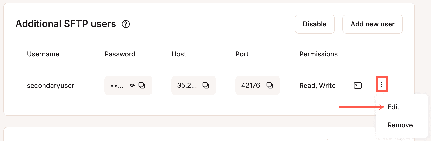 Edit an additional SFTP user.