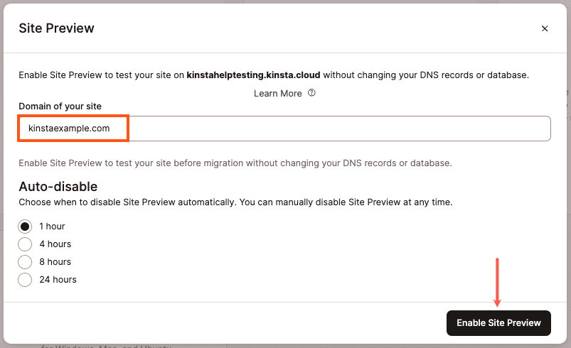 Introduce tu dominio real y activa la Vista Previa del Sitio.
