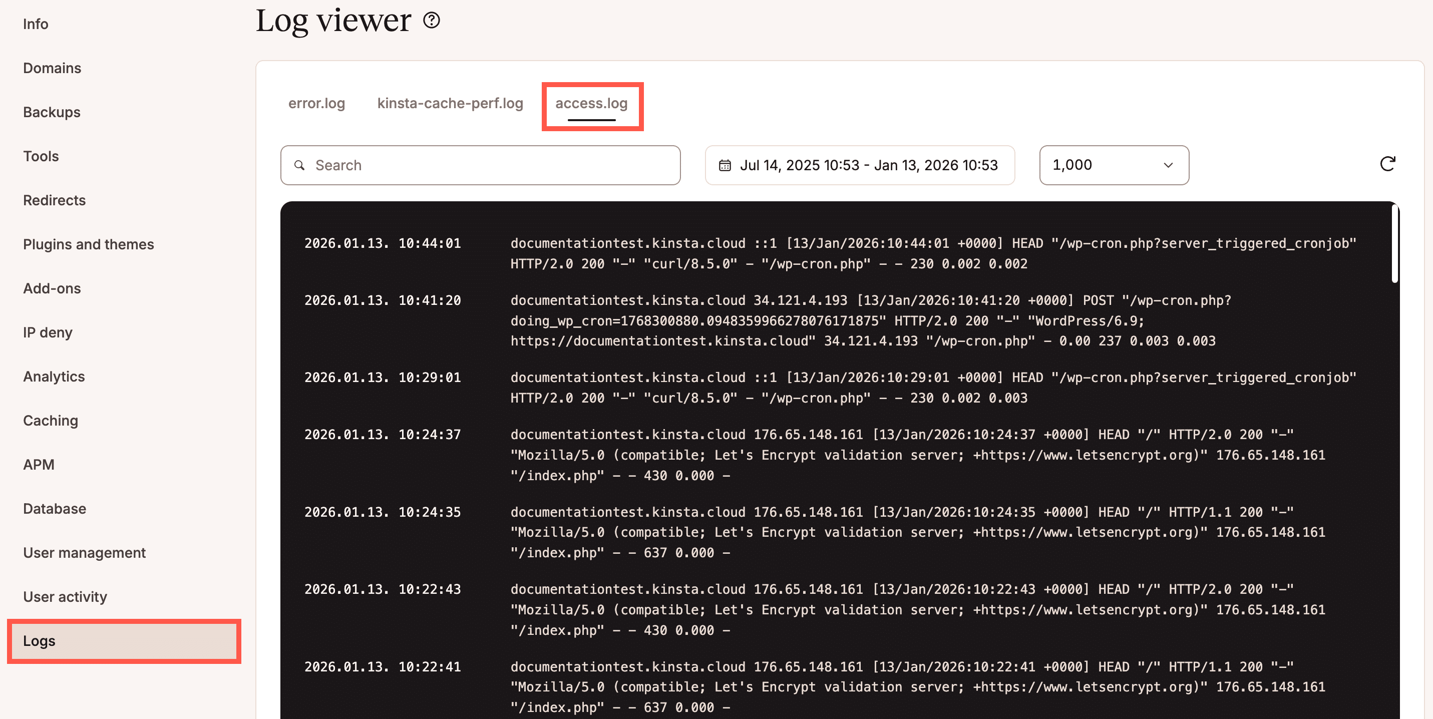 access.log file in MyKinsta Log viewer.