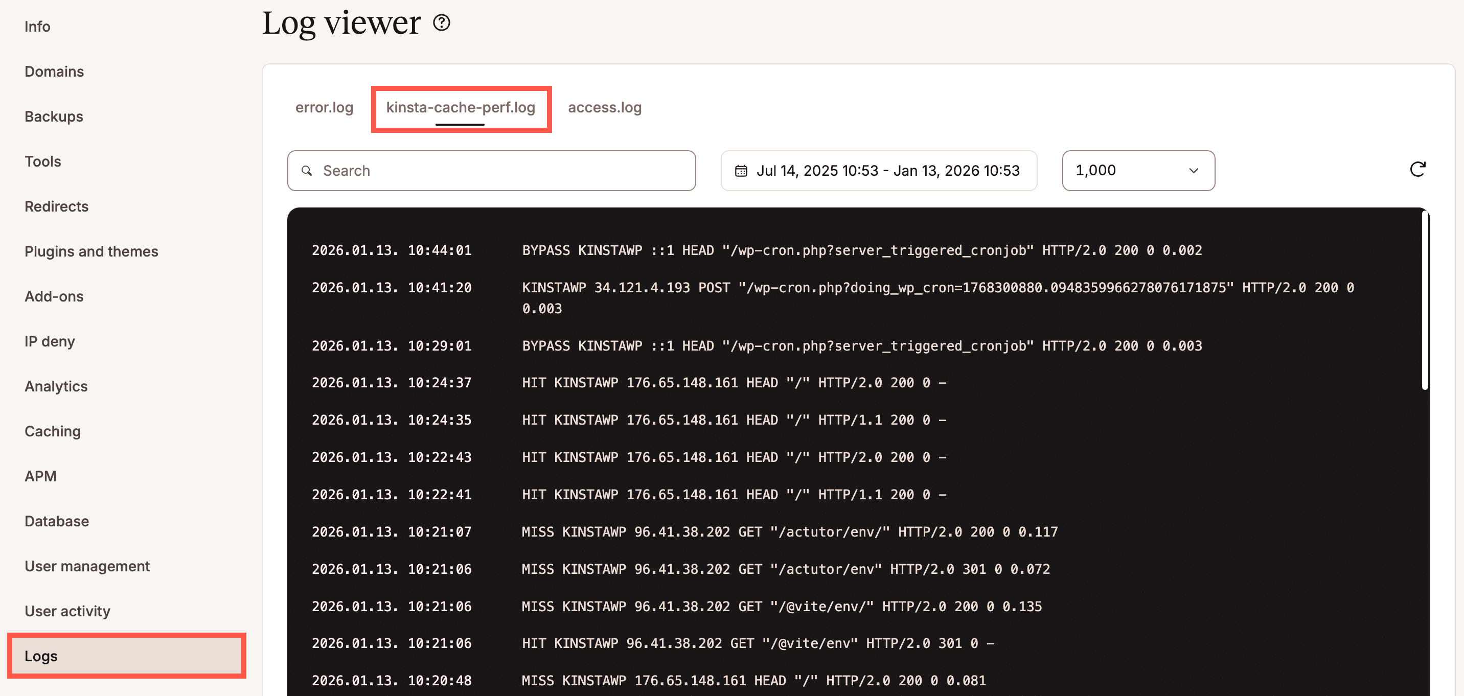 kinsta-cache-perf.log file in MyKinsta Log viewer.