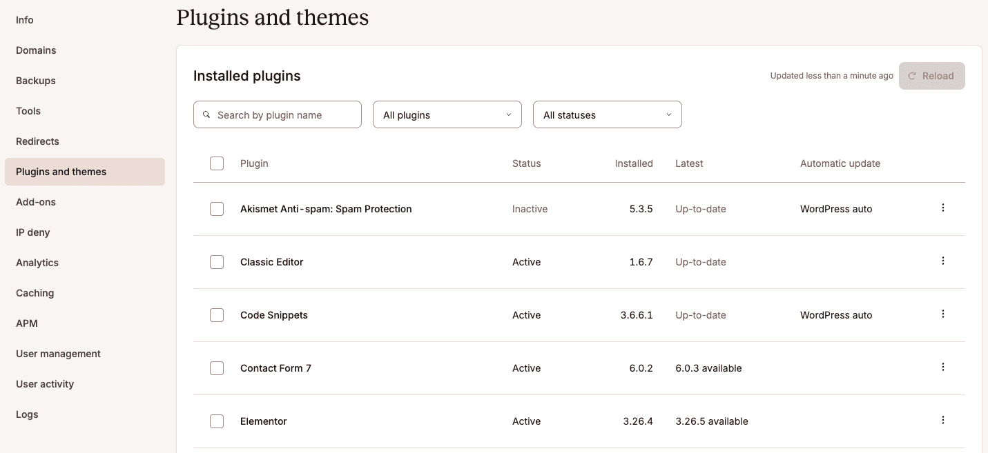 Visualiser les extensions et les thèmes dans MyKinsta.