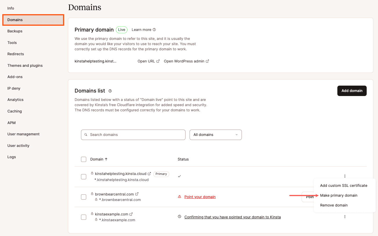 Rendere un dominio il dominio principale in MyKinsta.